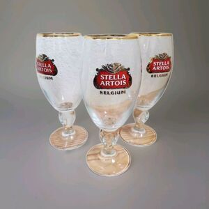 STELLA ARTOIS BELGIUM Beer Glasses Stemmed Beer Gold Rim Logo Set